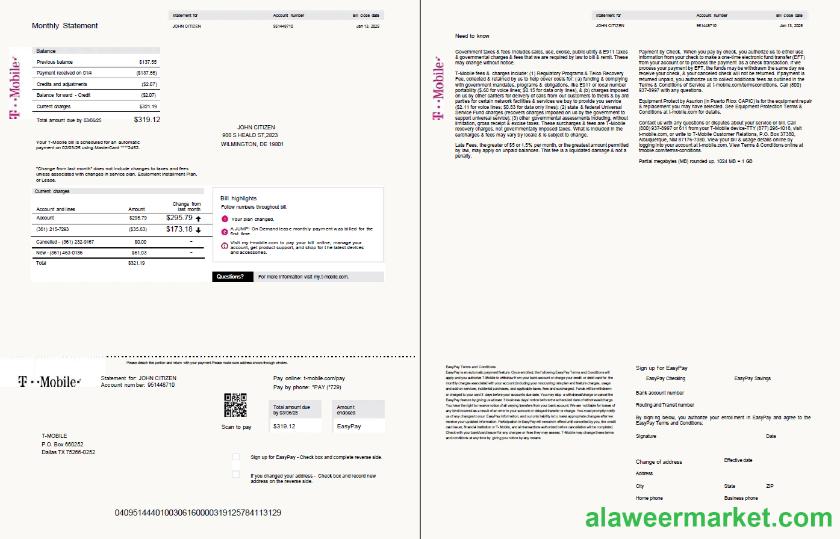 USA T-mobile utility bill template in Word and PDF formats, 2 pages, version 2